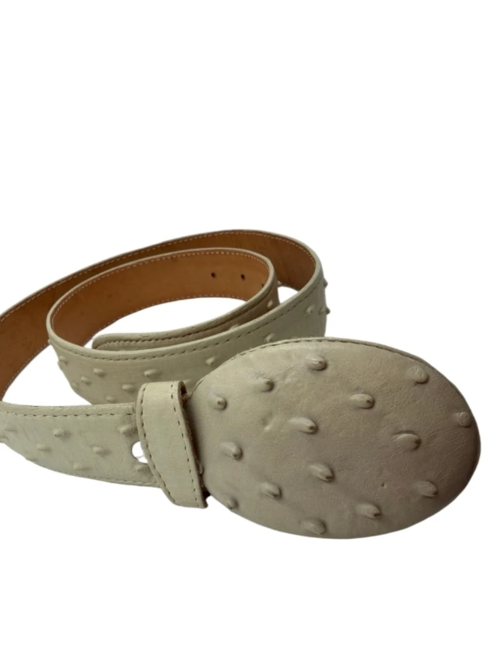 DONALDO Genuine Ostrich Leather Western Belt Cream Ivory Oversized Buckle Sz.40